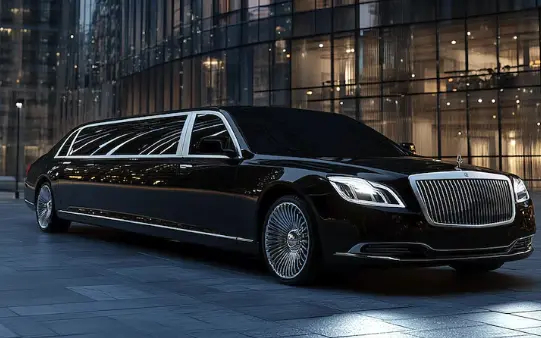 Black stretch limousine waiting outside a lit office tower at night